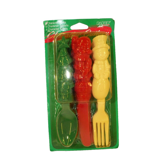 VTG Paper Art Santa Frosty & Christmas Tree Plastic Silverware Spoon Fork Knife - Picture 1 of 8
